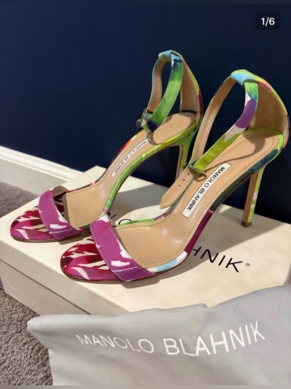 Manolo Blahnik “Chaos” Multicolor Printed Fabric Heels — Size 37